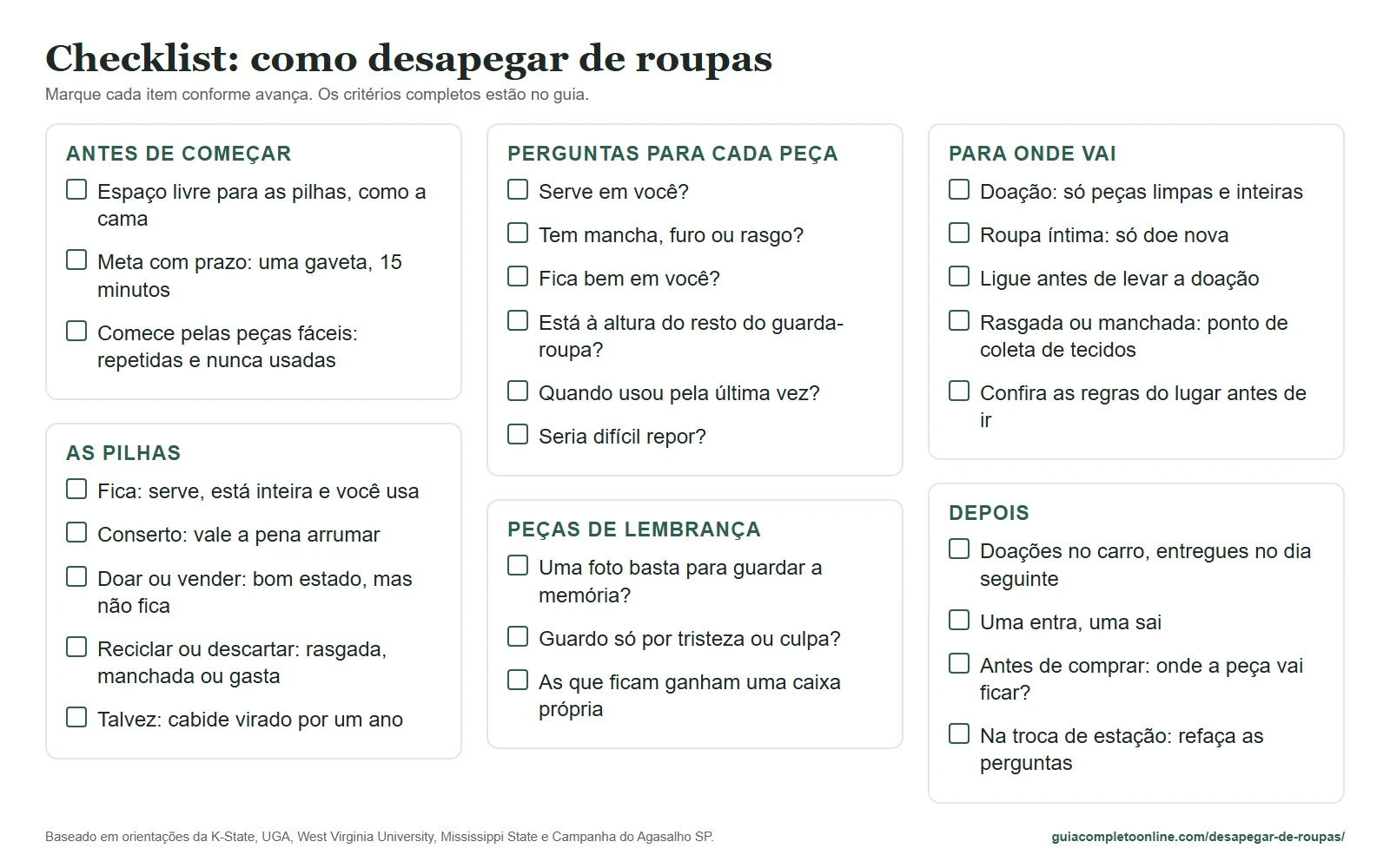 Checklist para desapegar de roupas, com pilhas, perguntas para cada peça e destino das roupas que saem