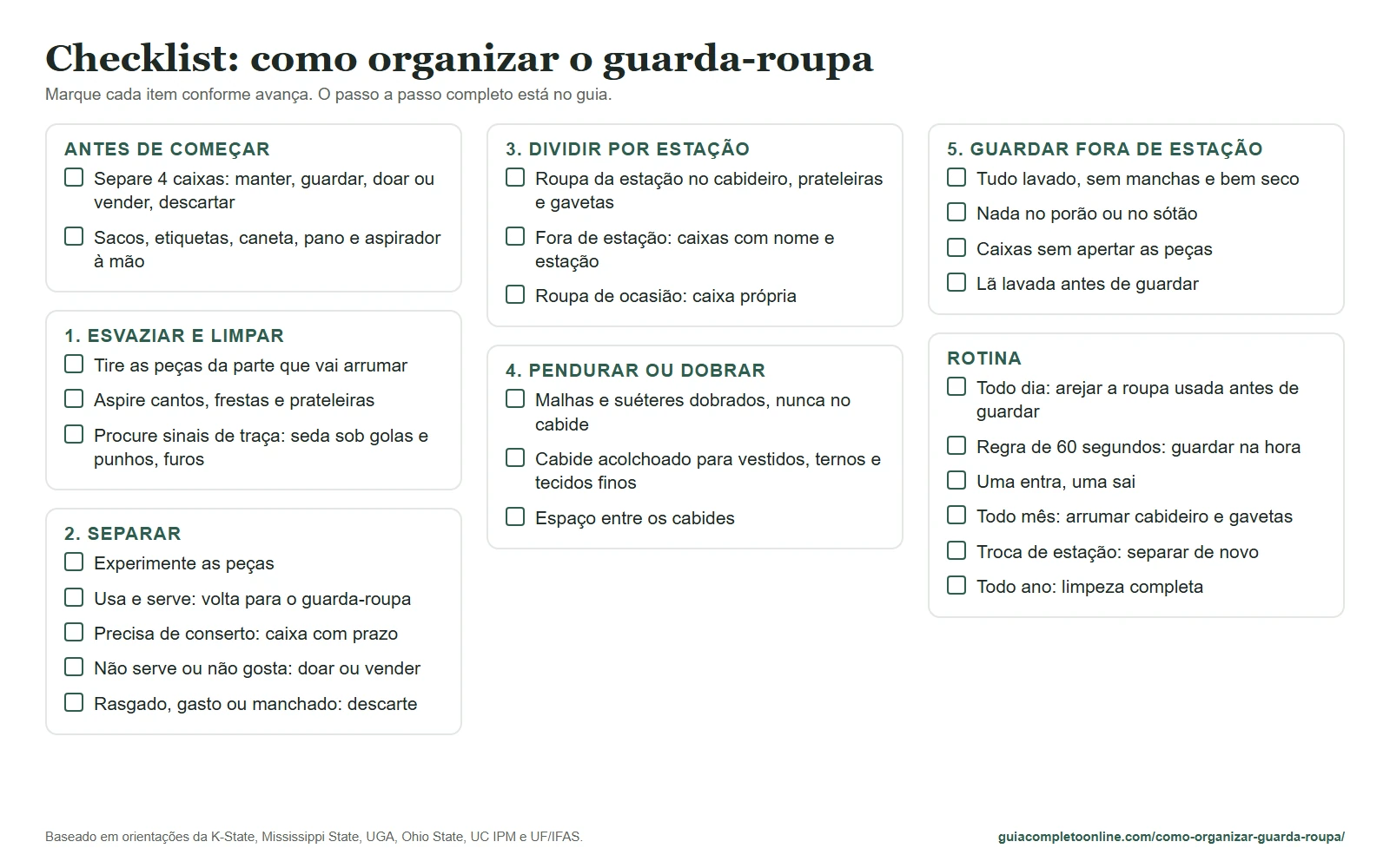 Checklist para organizar o guarda-roupa em cinco passos, com a rotina de manutenção