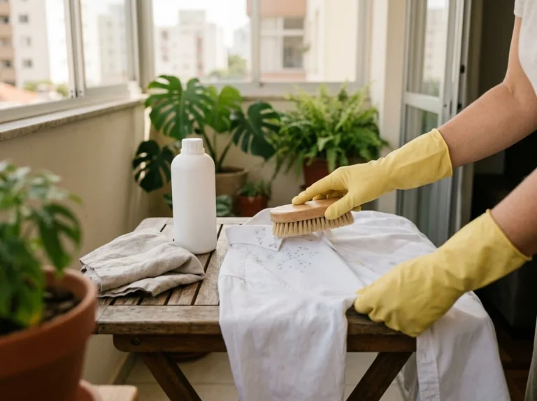 Mãos com luvas escovando ao ar livre uma camisa branca com pontos de mofo, primeiro passo para tirar mofo de roupa