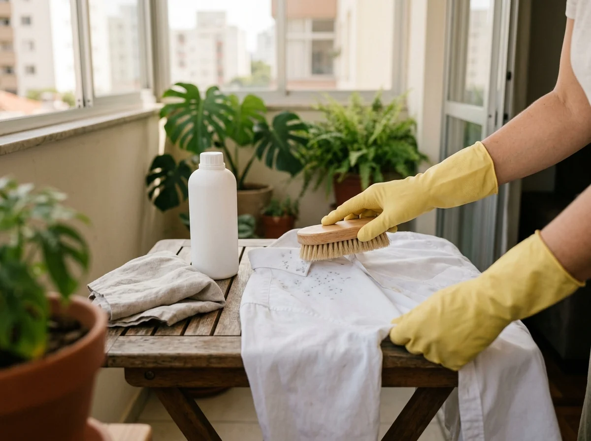 Mãos com luvas escovando ao ar livre uma camisa branca com pontos de mofo, primeiro passo para tirar mofo de roupa