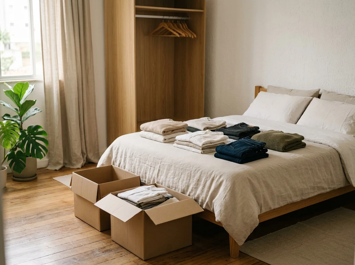 Roupas separadas em pilhas sobre a cama e caixas de papelão abertas, na hora de desapegar de roupas