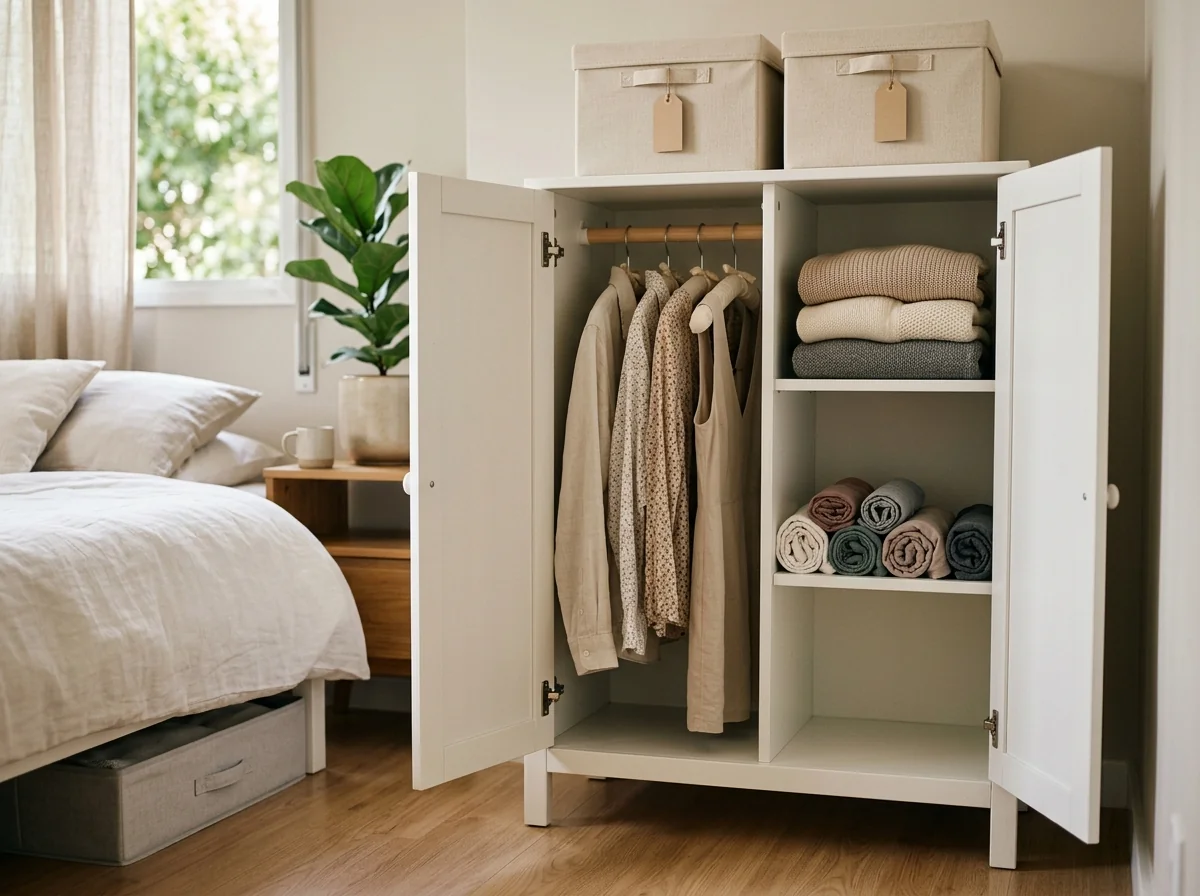 Guarda-roupa pequeno de duas portas organizado, com suéteres dobrados, camisetas enroladas e caixas etiquetadas em cima