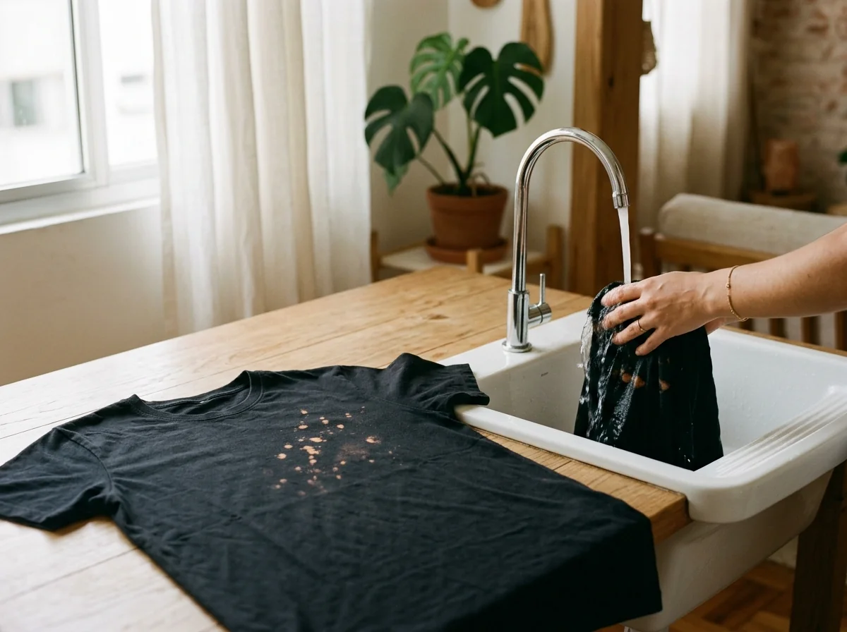 Camiseta preta com mancha de água sanitária na roupa, enxaguada logo em água corrente na pia