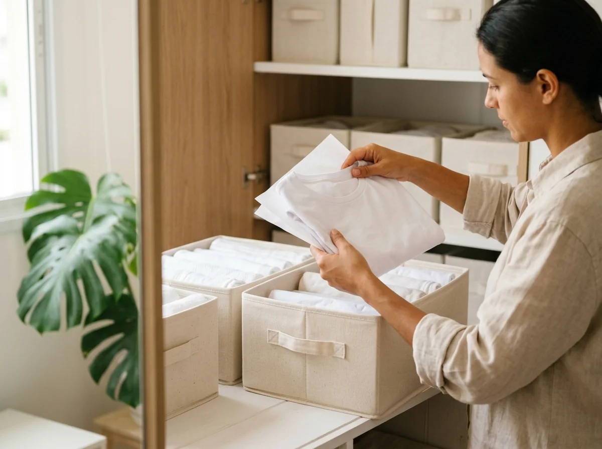Pessoa guardando camiseta branca com papel de seda em caixa de tecido para evitar mancha amarela de roupa branca guardada