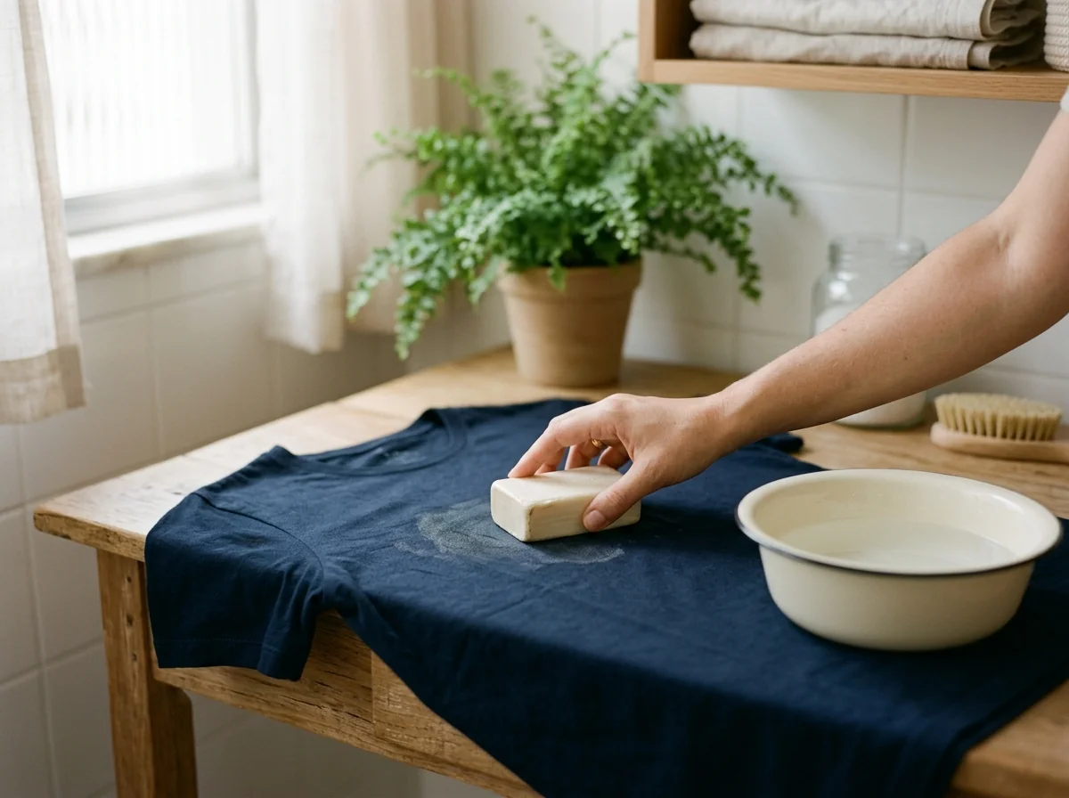 Mão esfregando sabão em barra para tirar mancha de amaciante da roupa, uma camiseta azul-marinho sobre a bancada