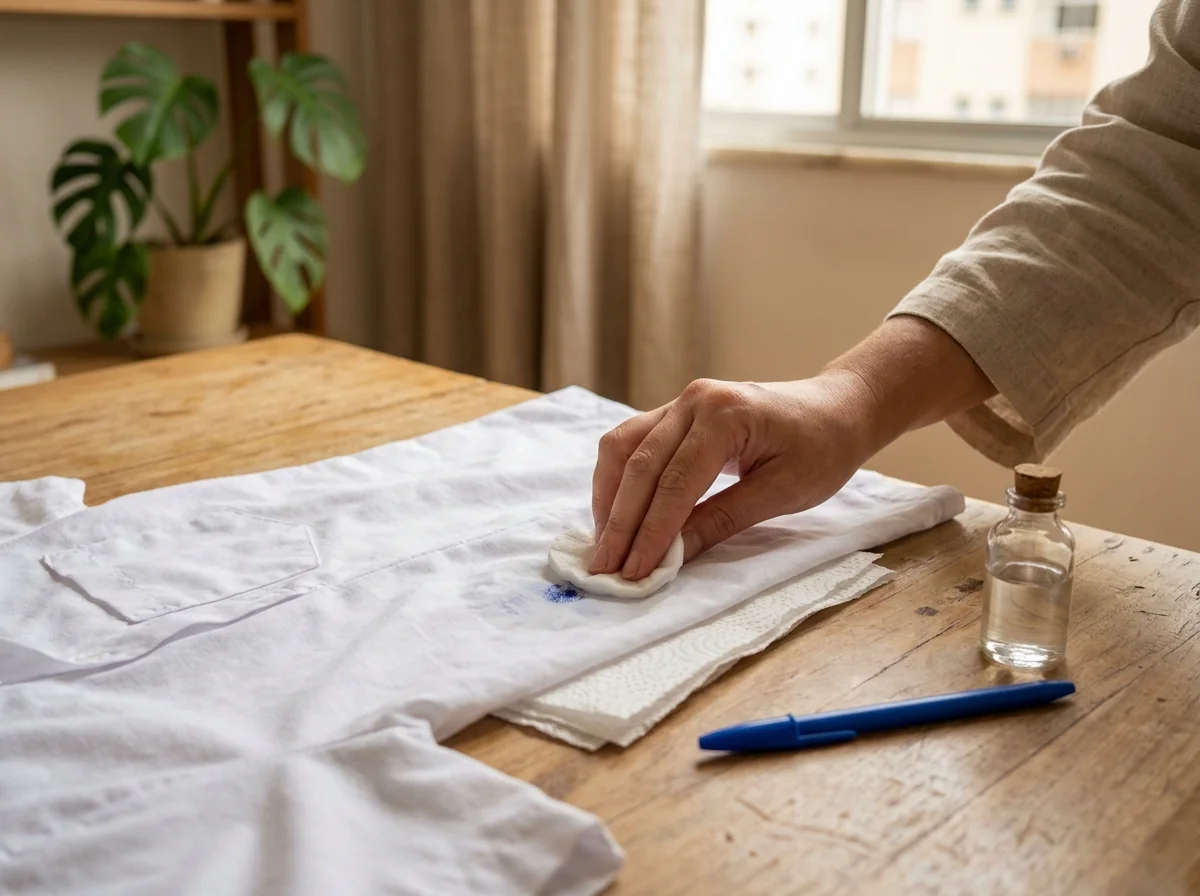 Mãos pressionando um algodão com álcool para tirar mancha de caneta da roupa, uma camisa branca com papel-toalha por baixo