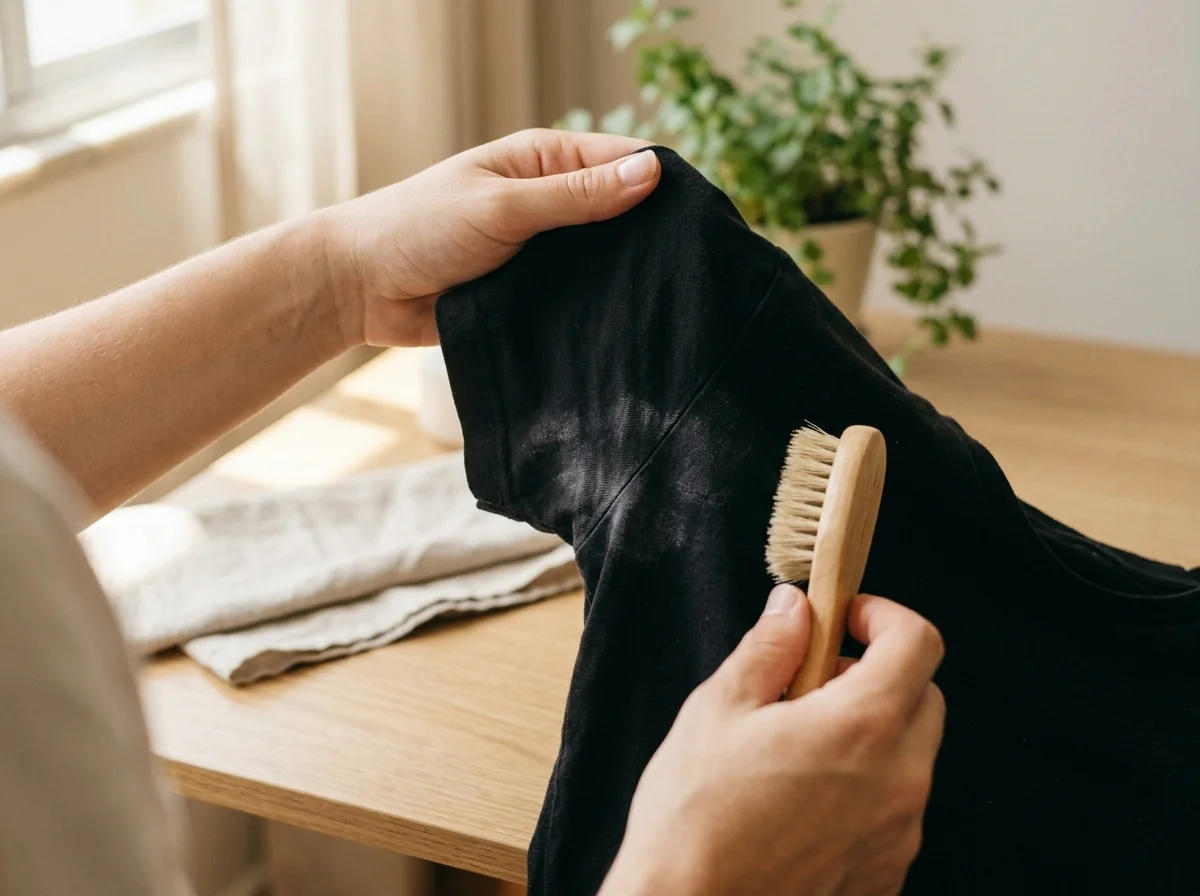 Mãos segurando camiseta preta com marca branca na axila antes de tirar mancha de desodorante da roupa