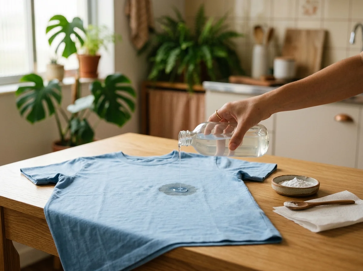 Mão aplicando detergente líquido para tirar mancha de gordura da roupa, uma camiseta azul com mancha de óleo sobre a mesa