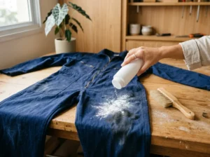 Mão espalhando talco para tirar mancha de graxa da roupa, um macacão azul de trabalho sobre a bancada