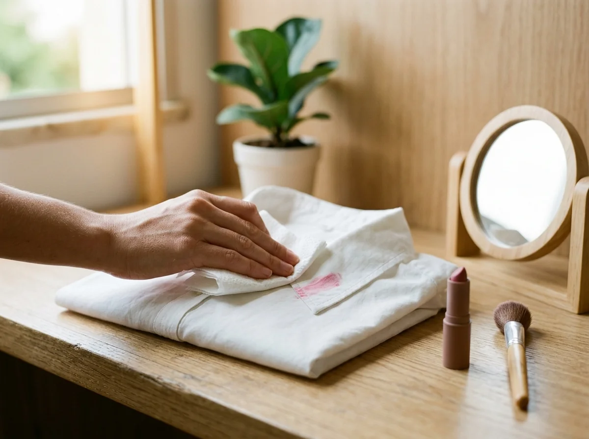 Mão pressionando papel-toalha para tirar mancha de maquiagem da roupa, um batom rosa na gola de uma blusa branca