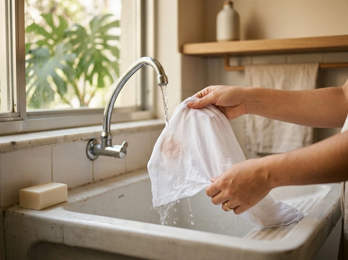 Mãos enxaguando em água fria corrente para tirar mancha de sangue da roupa, um lençol branco de algodão no tanque