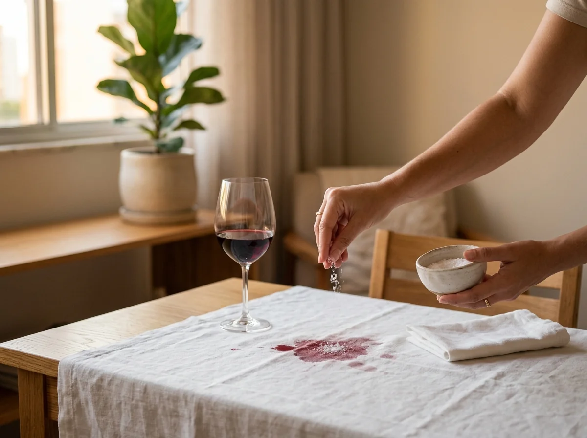 Mão jogando sal sobre vinho derramado para tirar mancha de vinho da roupa e da toalha de mesa