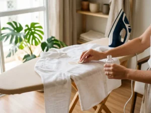 Mão passando algodão com água oxigenada para tirar mancha de ferro na roupa, uma camisa branca na tábua de passar