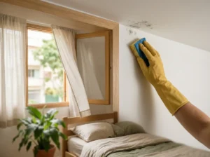 Mão com luva longa de borracha limpa mofo na parede, no canto do teto do quarto, com a janela aberta