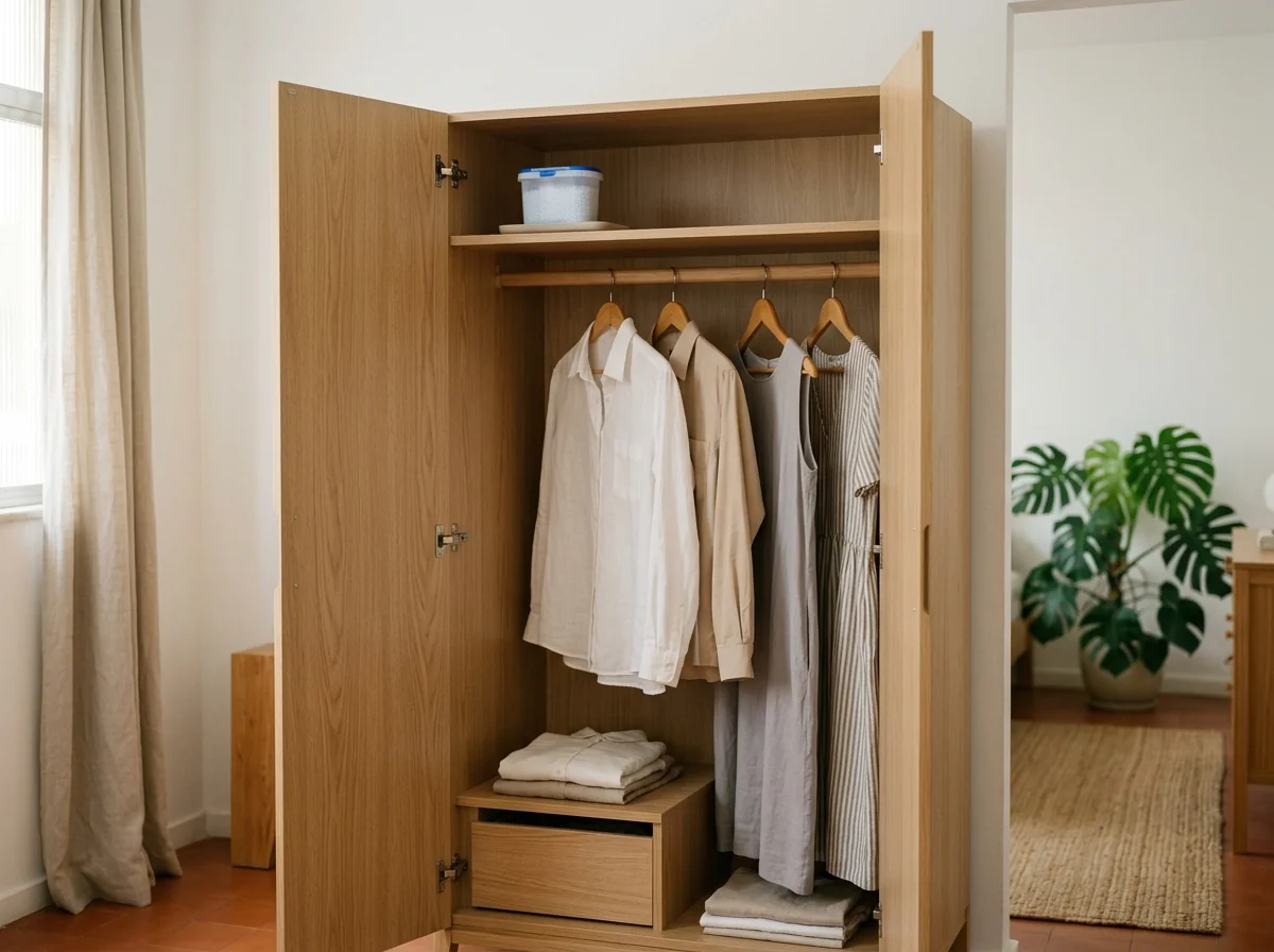 Guarda-roupa de madeira aberto e afastado da parede para evitar o mofo do guarda-roupa, com roupas soltas e antimofo na prateleira