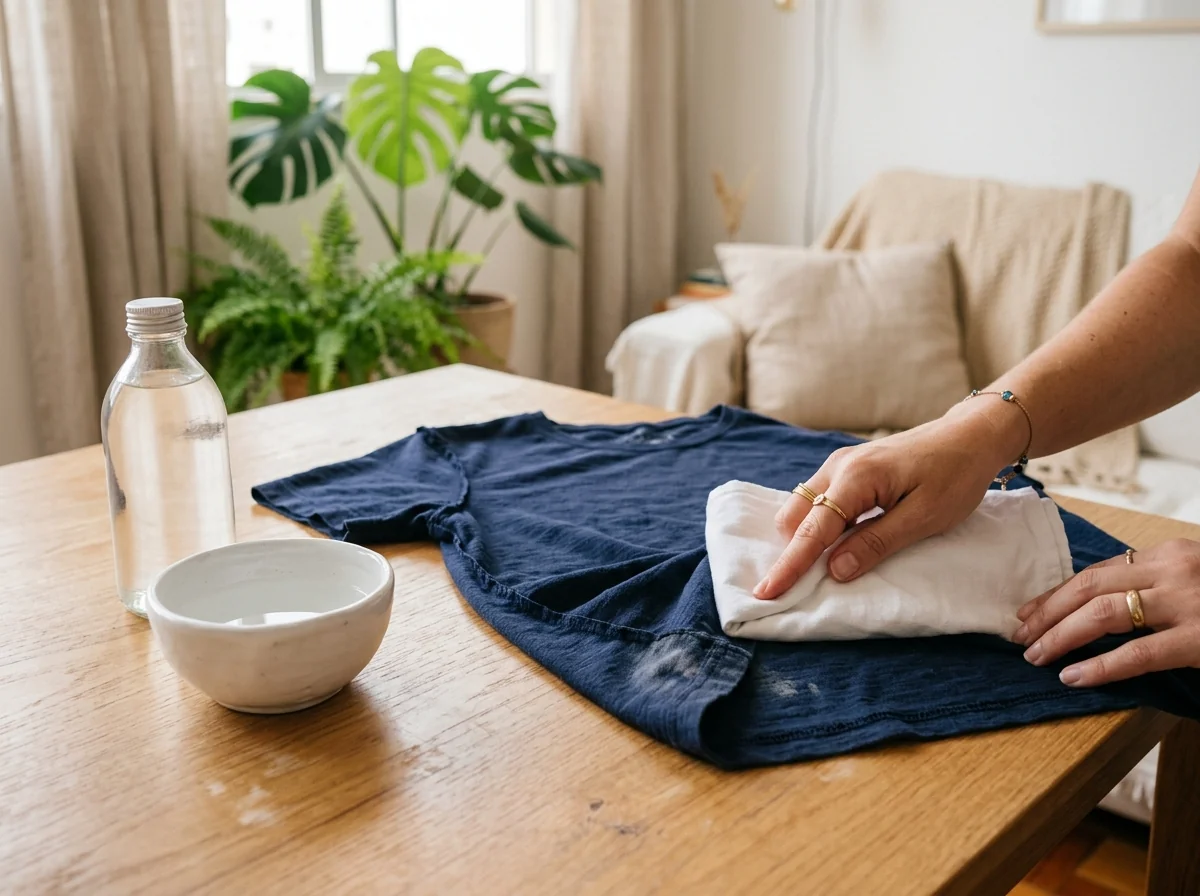 Teste de cor com pano branco numa camiseta azul-marinho antes de tirar o mofo de roupa colorida