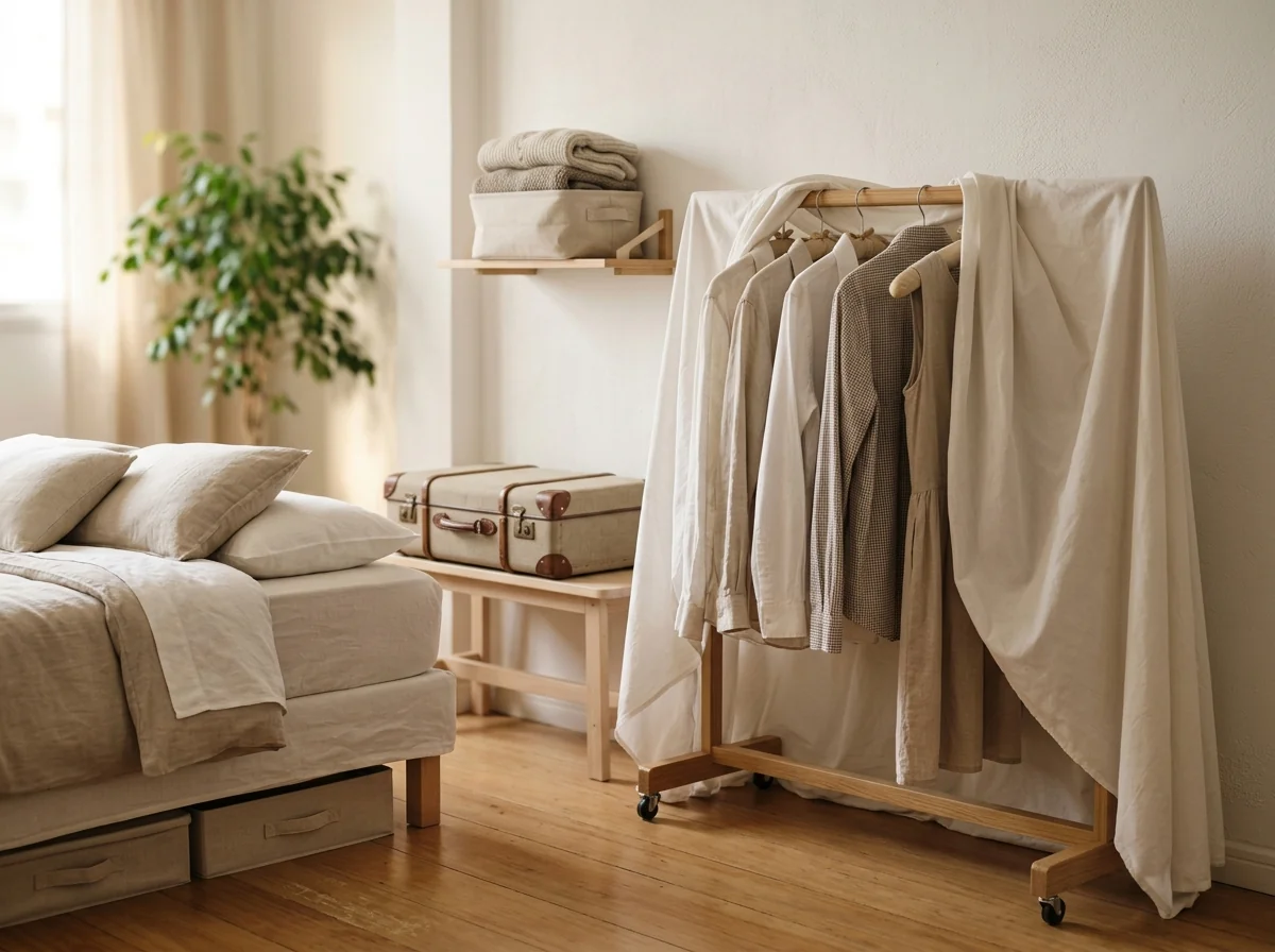 Arara com rodinhas coberta por um lençol e caixas embaixo da cama, um jeito de organizar roupas sem guarda-roupa