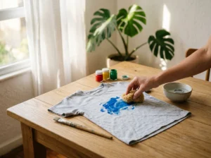 Mão passando esponja úmida para tirar tinta da roupa, uma mancha de guache azul em camiseta cinza infantil
